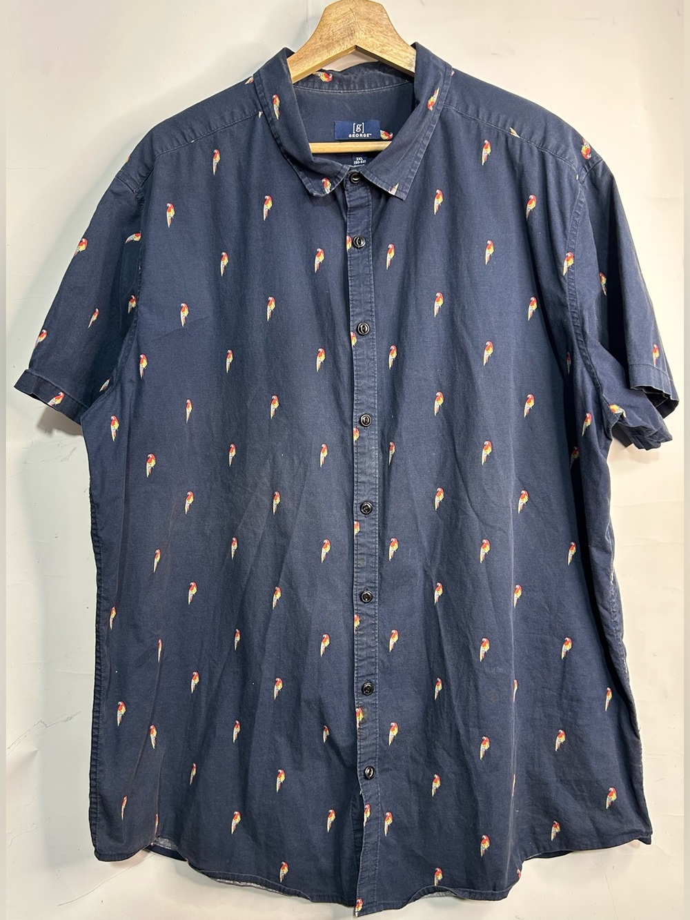 George Parrot Print Navy Washed Button Front Shirt 2XL (50-52)